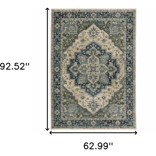 Blue Grey Beige Tan Green And Gold Oriental Power Loom Stain Resistant Area Rug With Fringe Photo 3