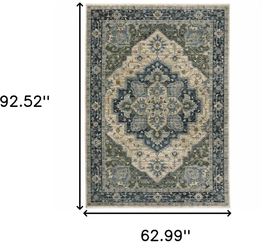 Blue Grey Beige Tan Green And Gold Oriental Power Loom Stain Resistant Area Rug With Fringe Photo 3
