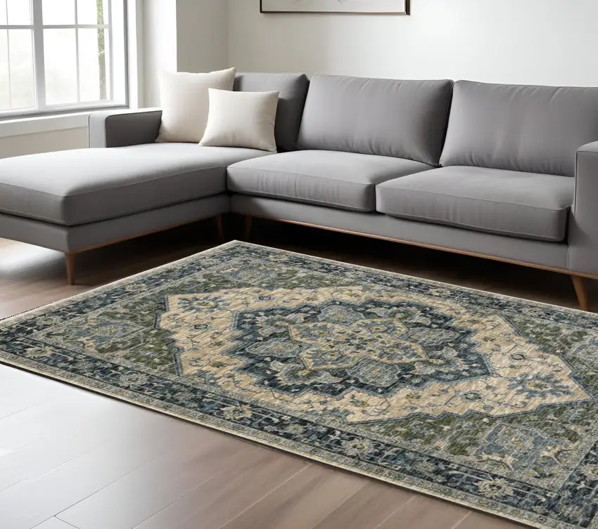 Blue and Beige Oriental Power Loom Area Rug With Fringe Photo 1