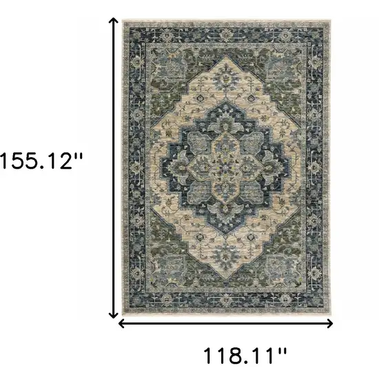 Blue Grey Beige Tan Green And Gold Oriental Power Loom Stain Resistant Area Rug With Fringe Photo 3