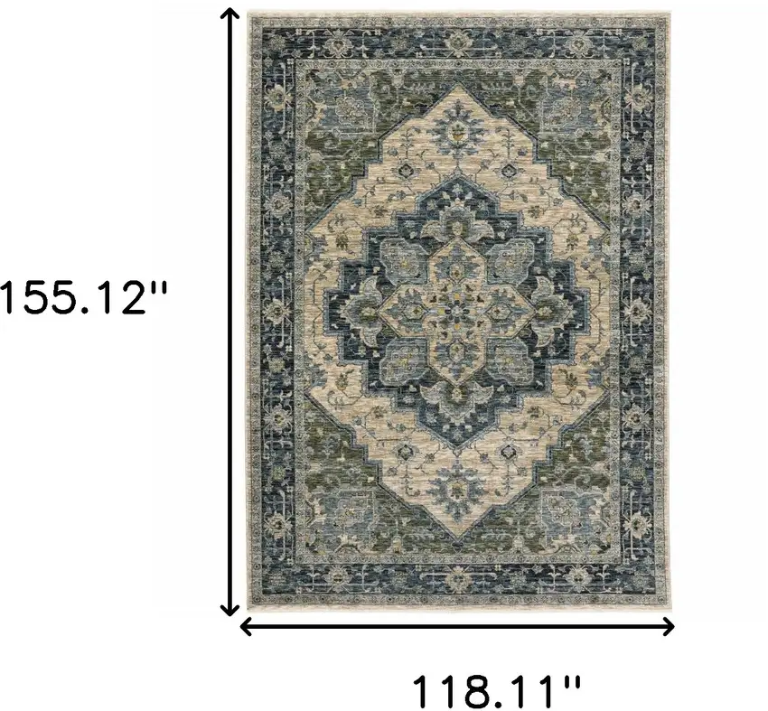 Blue Grey Beige Tan Green And Gold Oriental Power Loom Stain Resistant Area Rug With Fringe Photo 3