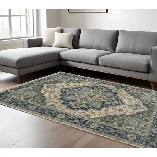 Blue Grey Beige Tan Green And Gold Oriental Power Loom Stain Resistant Area Rug With Fringe Photo 1