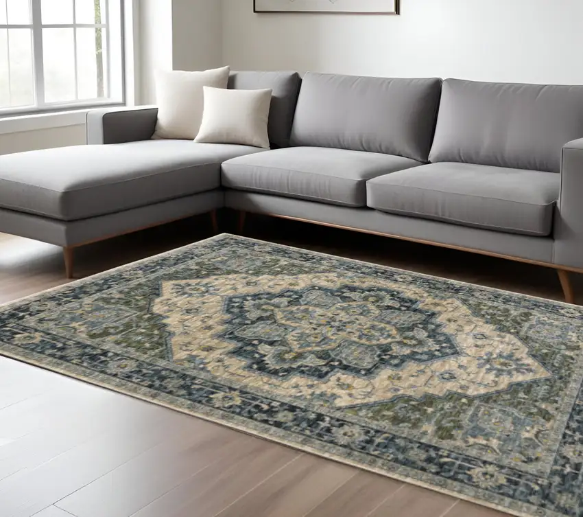Blue Grey Beige Tan Green And Gold Oriental Power Loom Stain Resistant Area Rug With Fringe Photo 1