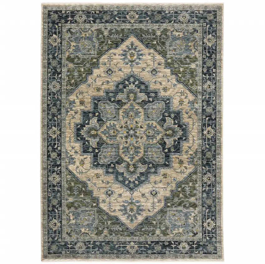 Blue Grey Beige Tan Green And Gold Oriental Power Loom Stain Resistant Area Rug With Fringe Photo 1