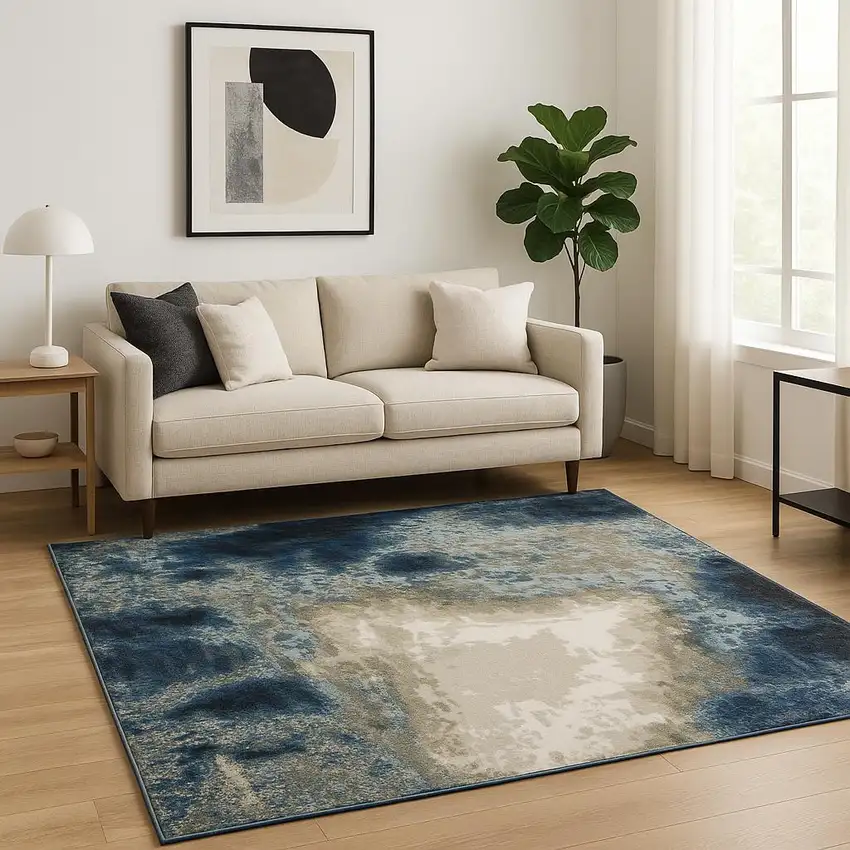 Blue Grey Charcoal And Beige Abstract Power Loom Stain Resistant Area Rug Photo 1