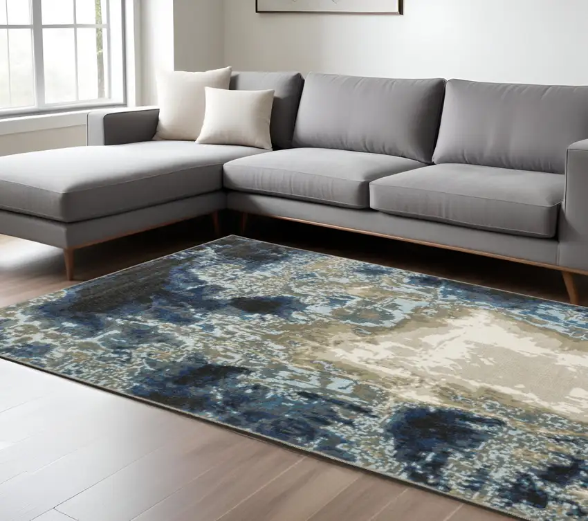 8' X 10' Blue Grey Charcoal And Beige Abstract Power Loom Stain Resistant Area Rug Photo 1
