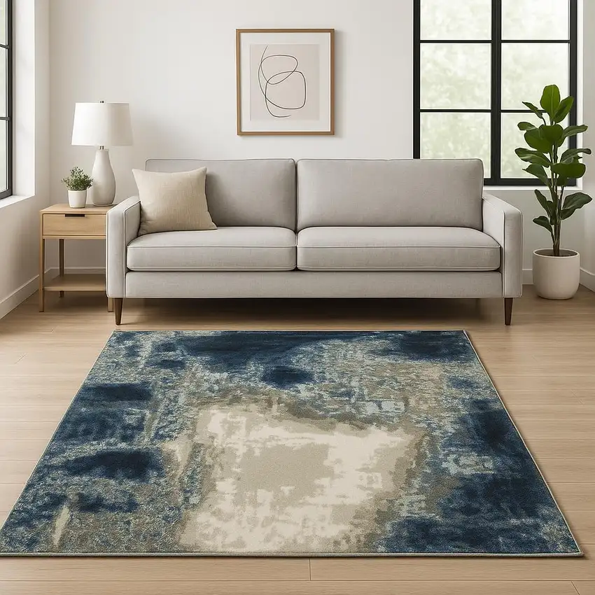 Blue Grey Charcoal And Beige Abstract Power Loom Stain Resistant Area Rug Photo 1