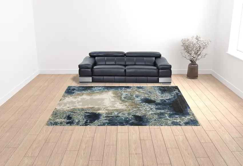 Blue Grey Charcoal And Beige Abstract Power Loom Stain Resistant Area Rug Photo 2