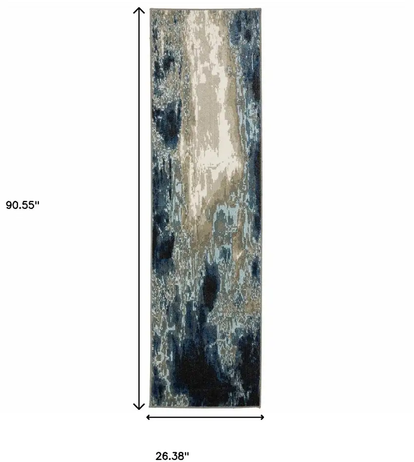 Blue Grey Charcoal And Beige Abstract Power Loom Stain Resistant Runner Rug Photo 10