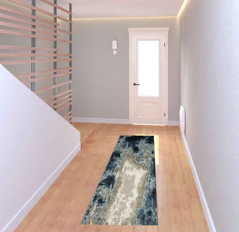 Blue Grey Charcoal And Beige Abstract Power Loom Stain Resistant Runner Rug Photo 2