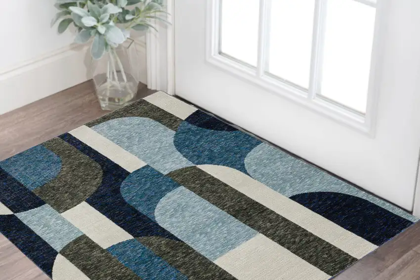 Blue Grey Charcoal and Purple Geometric Power Loom Area Rug Photo 1