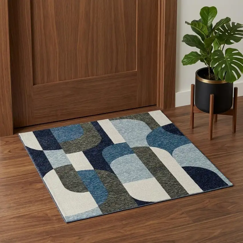 Blue Grey Charcoal and Purple Geometric Power Loom Area Rug Photo 1