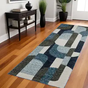 Photo of Blue Grey Charcoal And Purple Geometric Power Loom Stain Resistant Runner Rug