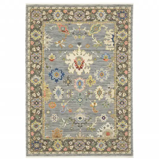 Blue Grey Gold Green Pink Orange Ivory And Red Oriental Power Loom Stain Resistant Area Rug With Fringe Photo 2