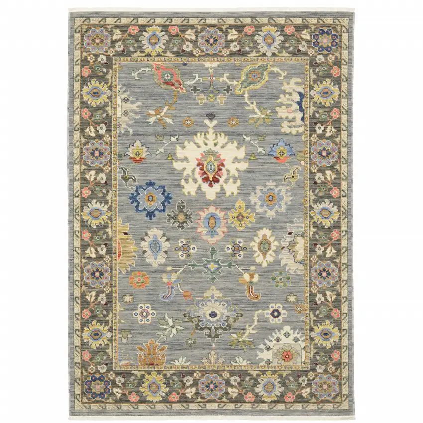 Blue Grey Gold Green Pink Orange Ivory And Red Oriental Power Loom Stain Resistant Area Rug With Fringe Photo 2