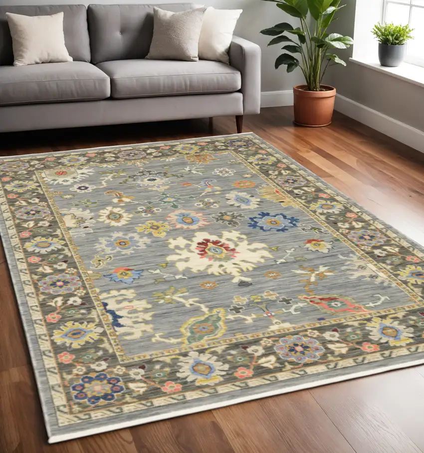 Blue and Ivory Oriental Power Loom Area Rug With Fringe Photo 1
