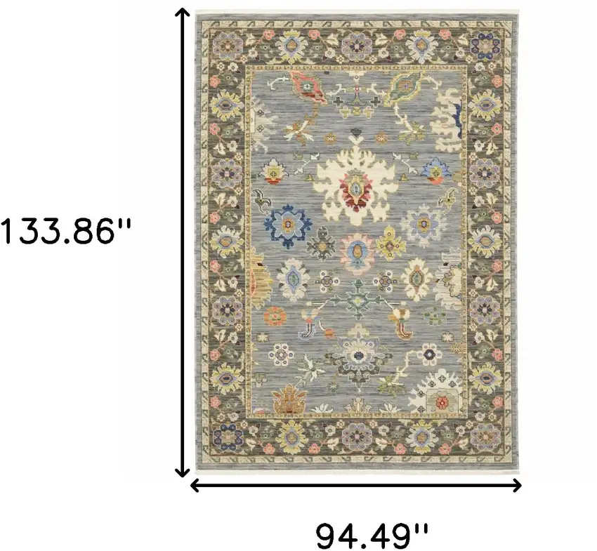 Blue Grey Gold Green Pink Orange Ivory And Red Oriental Power Loom Stain Resistant Area Rug With Fringe Photo 9