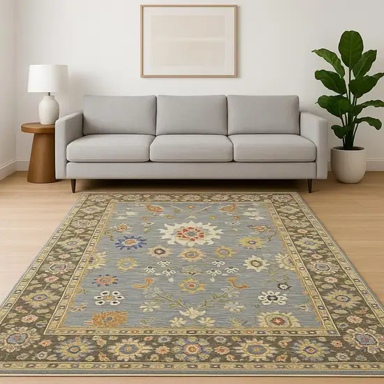 Blue Grey Gold Green Pink Orange Ivory And Red Oriental Power Loom Stain Resistant Area Rug With Fringe Photo 1