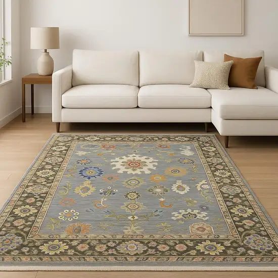 Blue Grey Gold Green Pink Orange Ivory And Red Oriental Power Loom Stain Resistant Area Rug With Fringe Photo 1