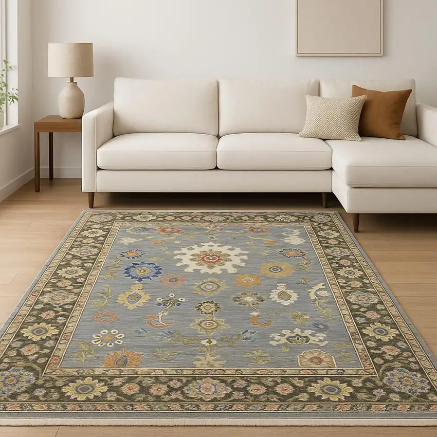 Blue Grey Gold Green Pink Orange Ivory And Red Oriental Power Loom Stain Resistant Area Rug With Fringe Photo 1