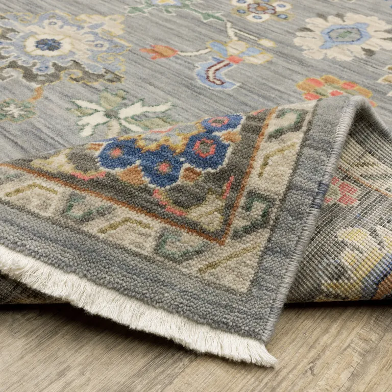 Blue Grey Gold Green Pink Orange Ivory And Red Oriental Power Loom Stain Resistant Runner Rug With Fringe Photo 5