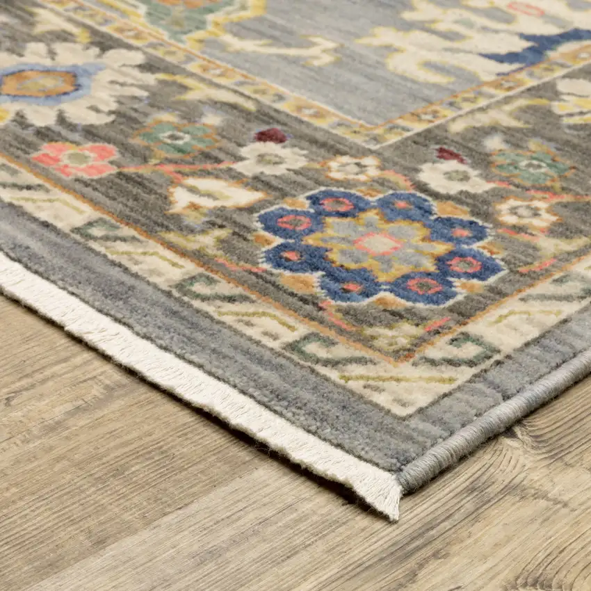 Blue Grey Gold Green Pink Orange Ivory And Red Oriental Power Loom Stain Resistant Runner Rug With Fringe Photo 5