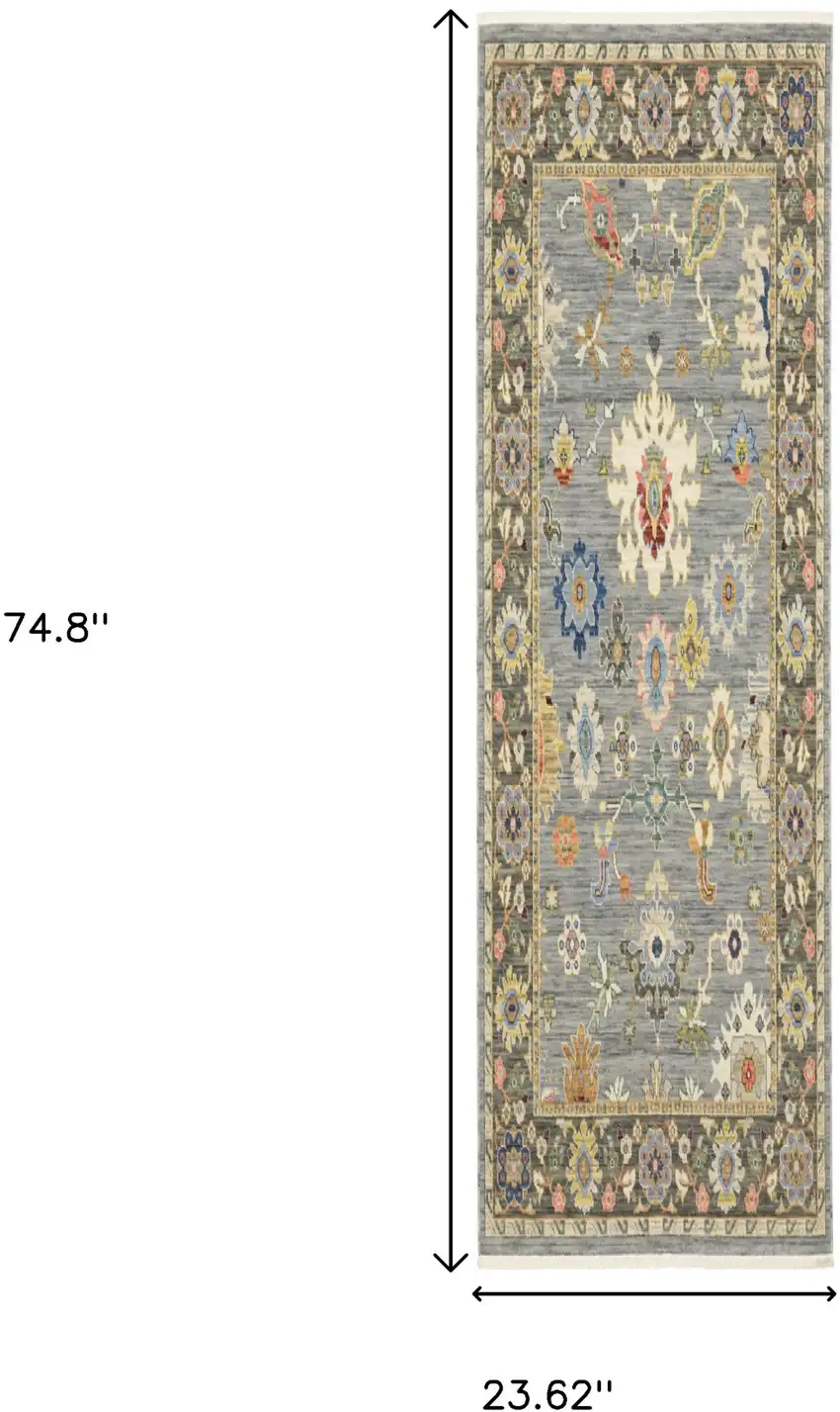 6' Blue Ivory And Red Oriental Runner Rug With Fringe Photo 7