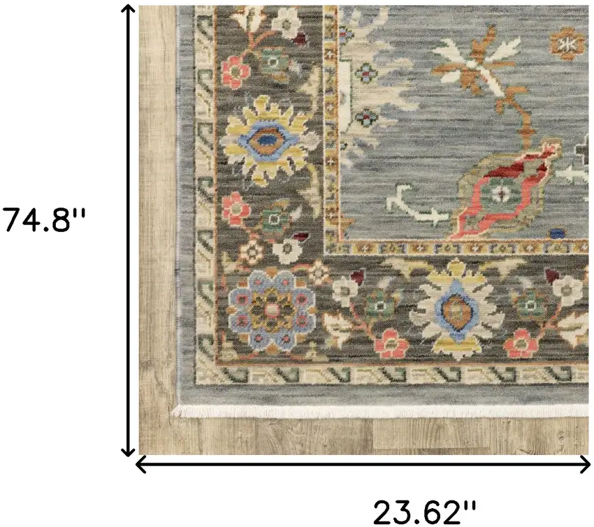 Blue Grey Gold Green Pink Orange Ivory And Red Oriental Power Loom Stain Resistant Runner Rug With Fringe Photo 8