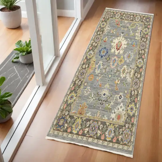 6' Blue Ivory And Red Oriental Runner Rug With Fringe Photo 2