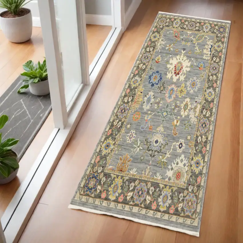 6' Blue Ivory And Red Oriental Runner Rug With Fringe Photo 2