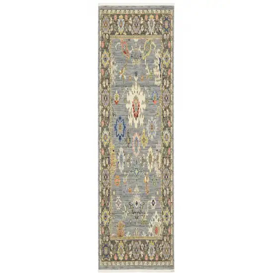 6' Blue Ivory And Red Oriental Runner Rug With Fringe Photo 1