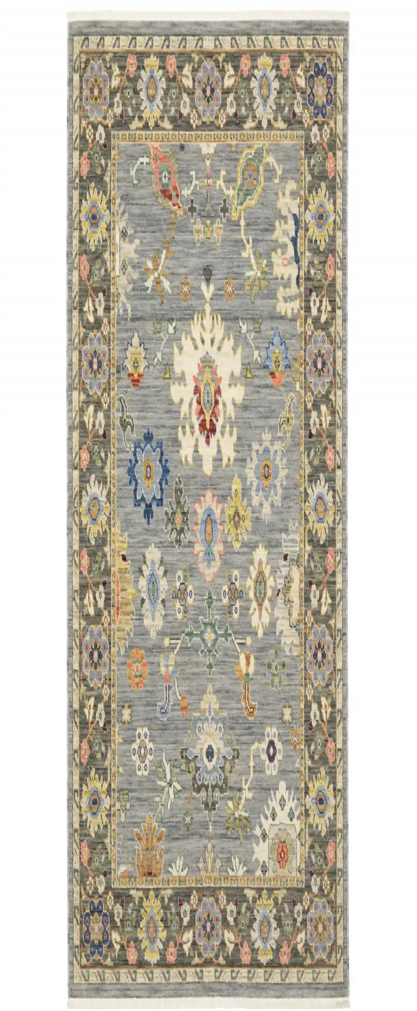 6' Blue Ivory And Red Oriental Runner Rug With Fringe Photo 1