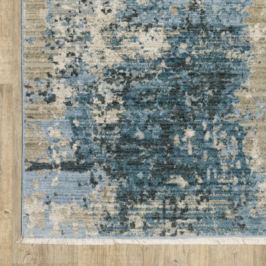 Blue Grey Ivory Light Blue And Dark Blue Abstract Power Loom Stain Resistant Runner Rug With Fringe Photo 3