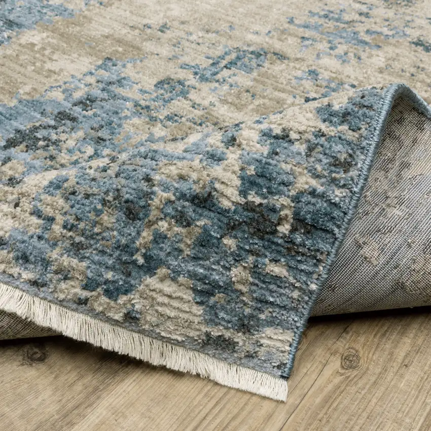 Blue Grey Ivory Light Blue And Dark Blue Abstract Power Loom Stain Resistant Runner Rug With Fringe Photo 9