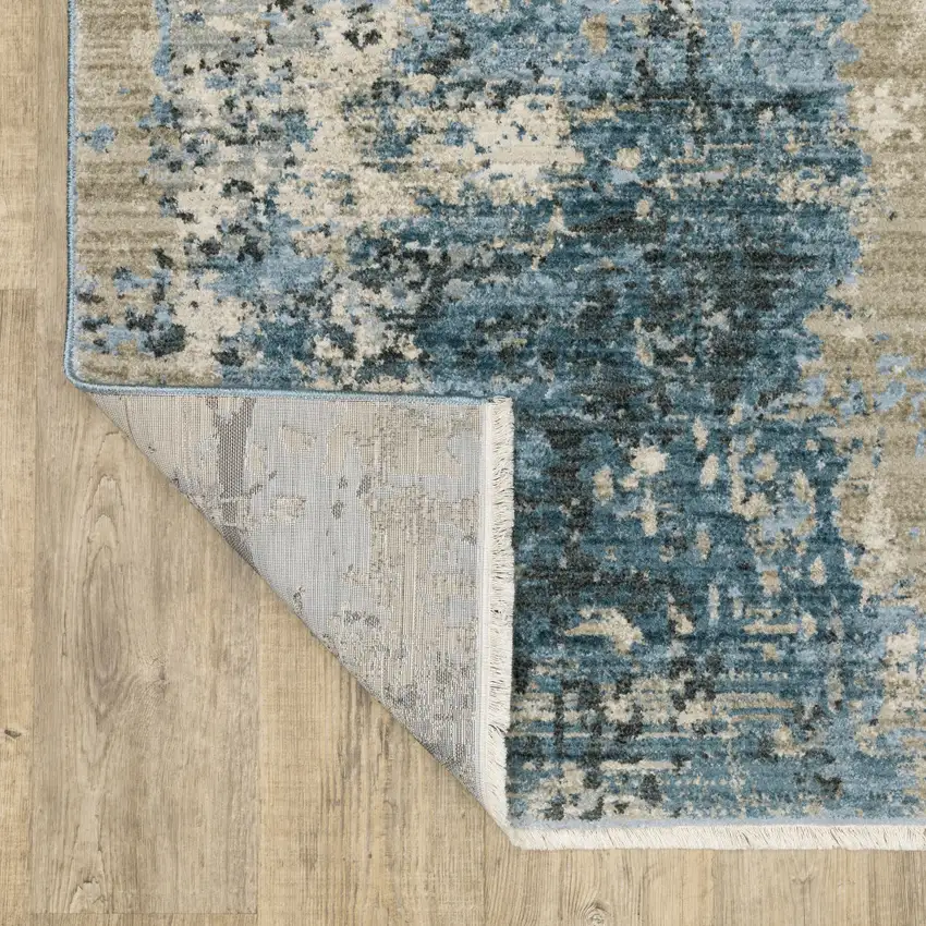 Blue Grey Ivory Light Blue And Dark Blue Abstract Power Loom Stain Resistant Runner Rug With Fringe Photo 8