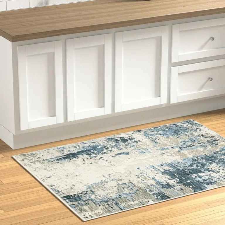 Blue Grey Ivory Light Blue And Dark Blue Abstract Power Loom Stain Resistant Runner Rug With Fringe Photo 3