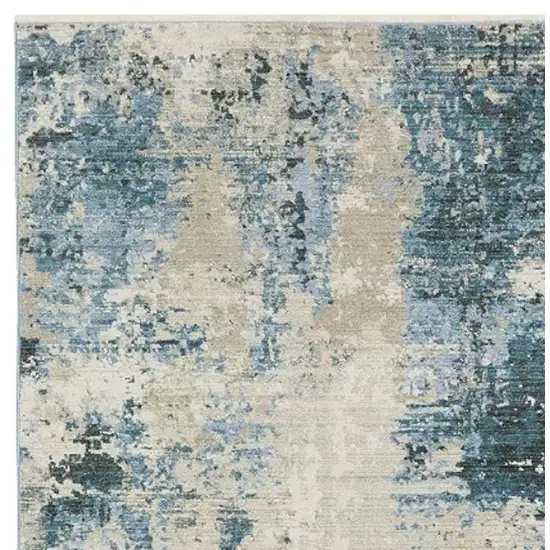 Blue Grey Ivory Light Blue And Dark Blue Abstract Power Loom Stain Resistant Runner Rug With Fringe Photo 5