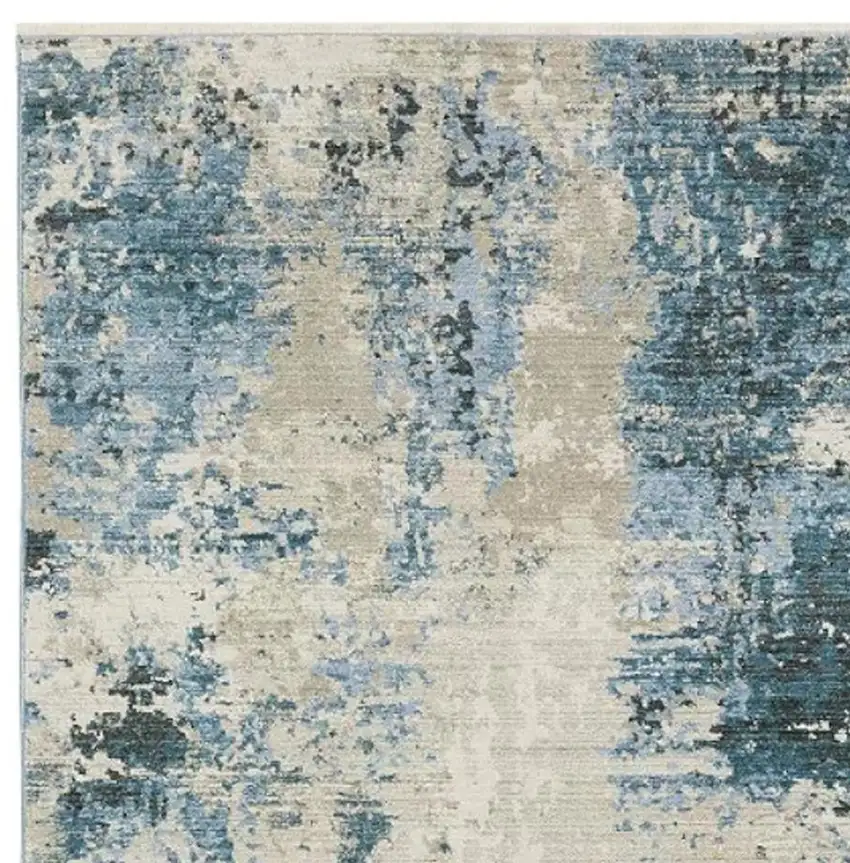 Blue Grey Ivory Light Blue And Dark Blue Abstract Power Loom Stain Resistant Runner Rug With Fringe Photo 5