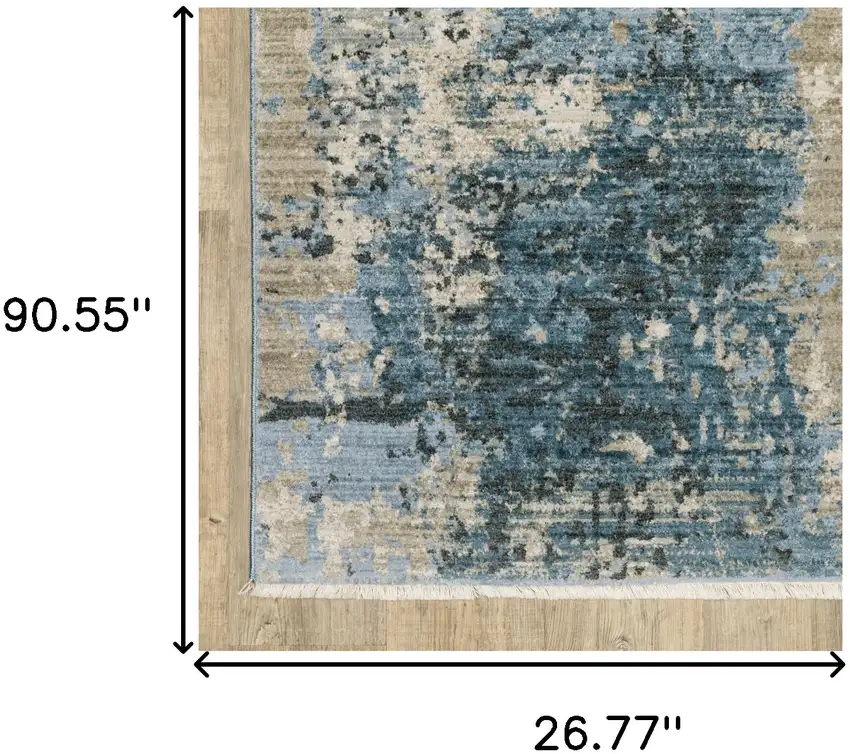 Blue Grey Ivory Light Blue And Dark Blue Abstract Power Loom Stain Resistant Runner Rug With Fringe Photo 9