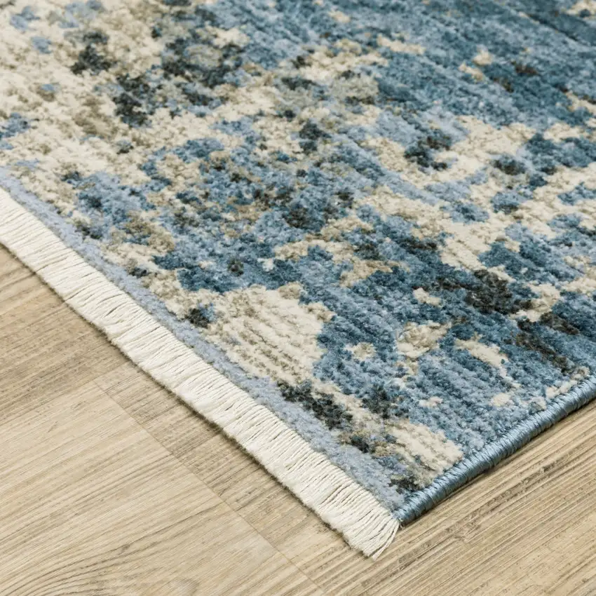 Blue Grey Ivory Light Blue And Dark Blue Abstract Power Loom Stain Resistant Runner Rug With Fringe Photo 6