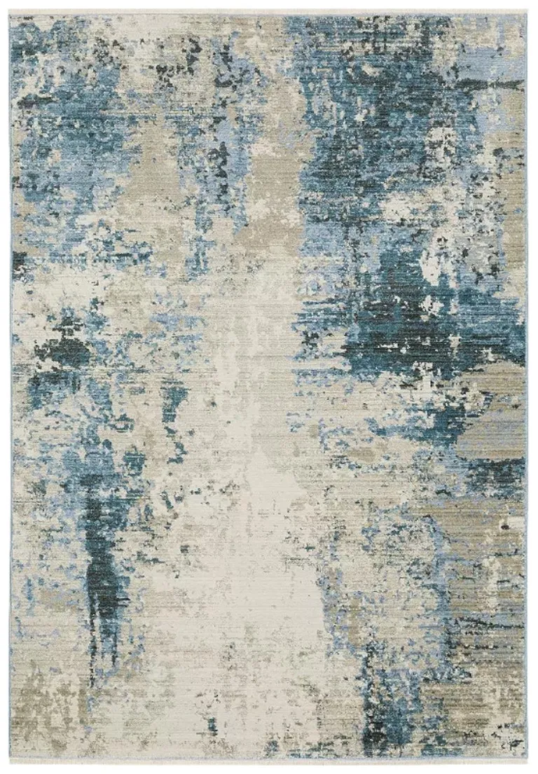 Blue Grey Ivory Light Blue And Dark Blue Abstract Power Loom Stain Resistant Runner Rug With Fringe Photo 2