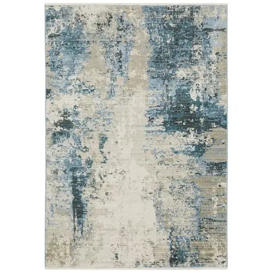 Blue Grey Ivory Light Blue And Dark Blue Abstract Power Loom Stain Resistant Runner Rug With Fringe Photo 1
