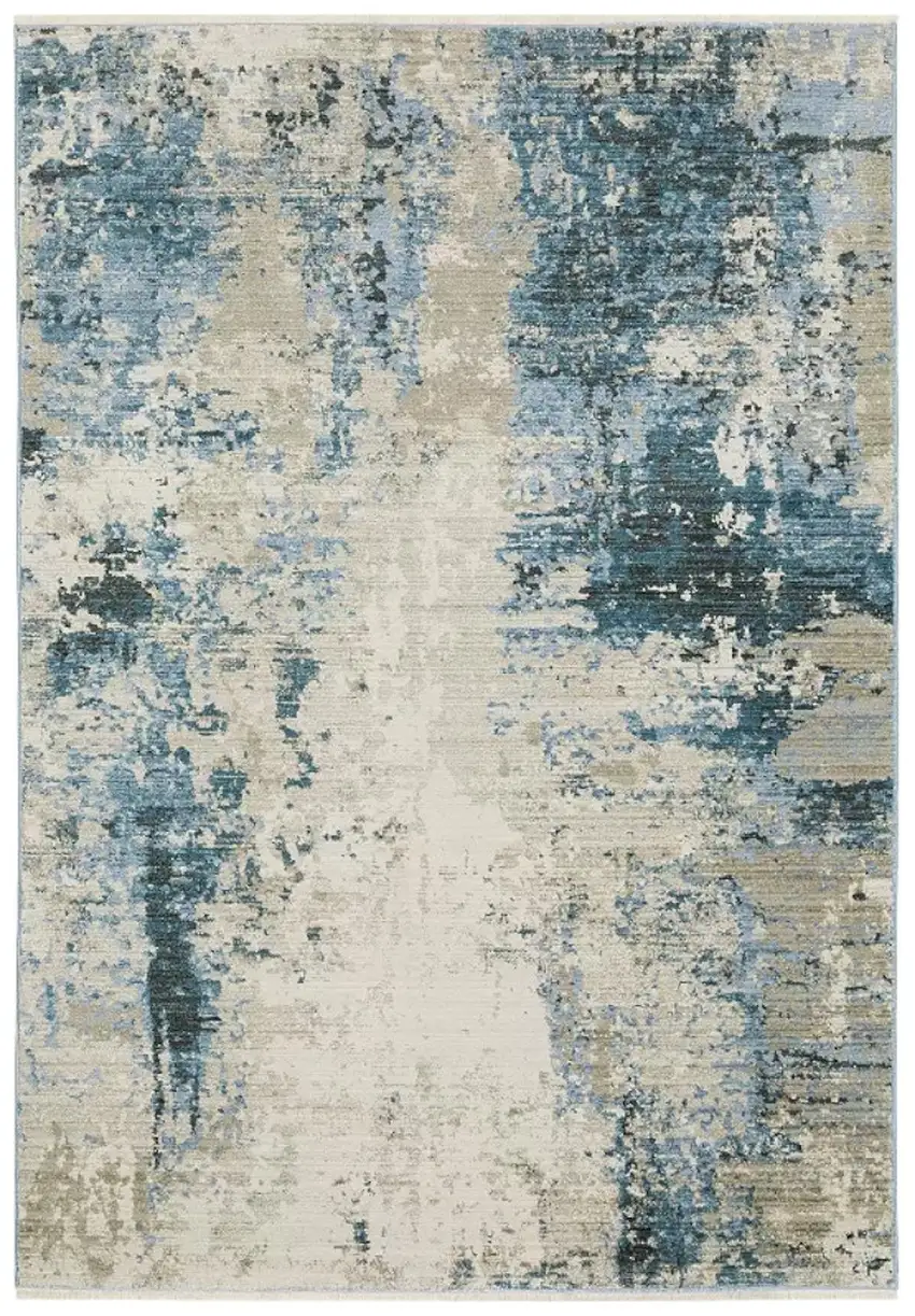 Blue Grey Ivory Light Blue And Dark Blue Abstract Power Loom Stain Resistant Runner Rug With Fringe Photo 1