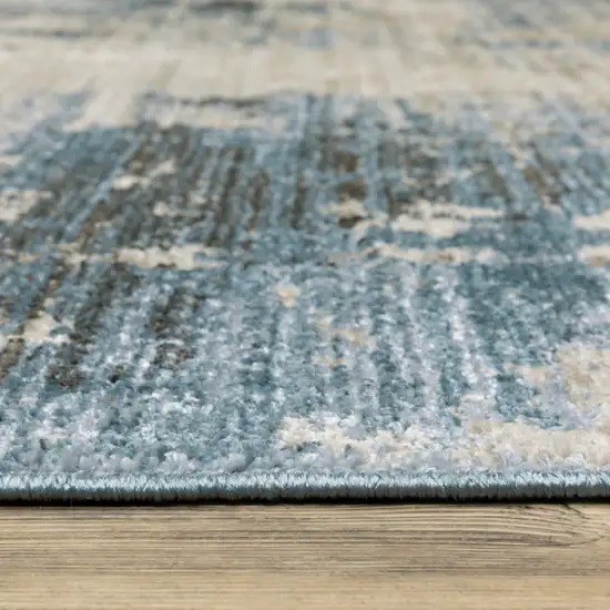 Blue Grey Ivory Light Blue And Dark Blue Abstract Power Loom Stain Resistant Runner Rug With Fringe Photo 4