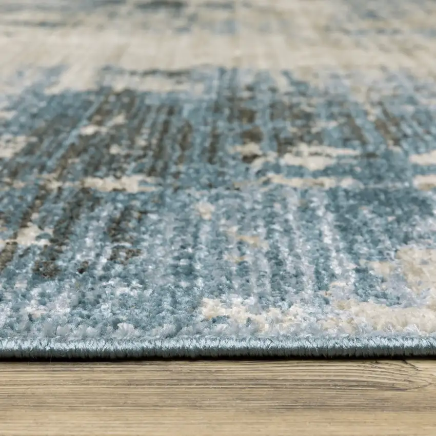 Blue Grey Ivory Light Blue And Dark Blue Abstract Power Loom Stain Resistant Runner Rug With Fringe Photo 4