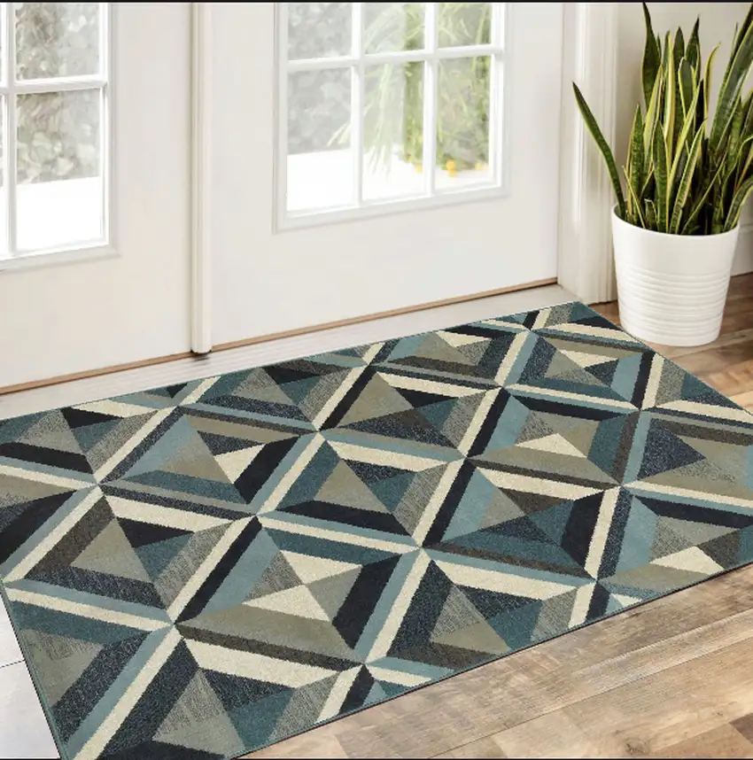 1' X 3' Blue Grey Machine Woven Geometric Indoor Area Rug Photo 1