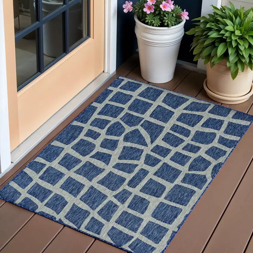 Blue and Gray Abstract Indoor Outdoor Area Rug Photo 1