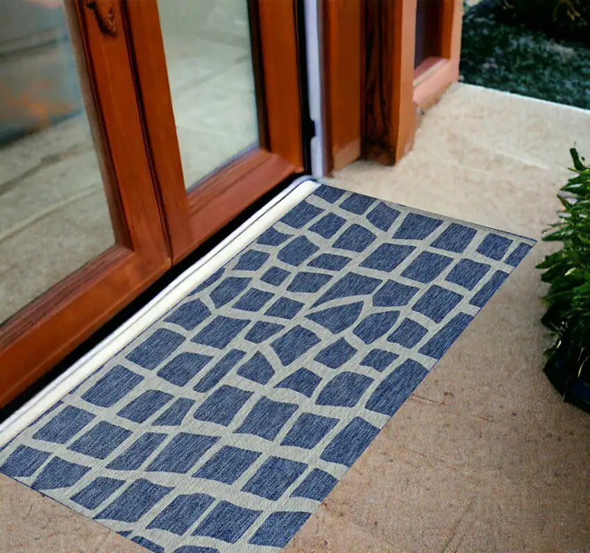 3'X5' Blue Grey Machine Woven Uv Treated Abstract Indoor Outdoor Area Rug Photo 1