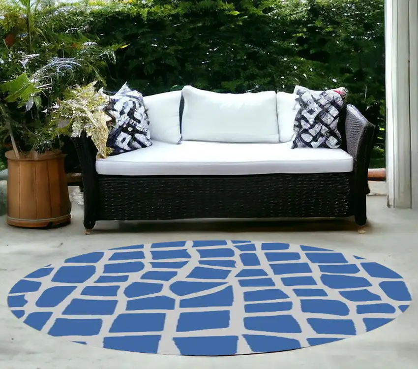 8' Blue Grey Machine Woven Uv Treated Animal Print Indoor Outdoor Round Area Rug Photo 1
