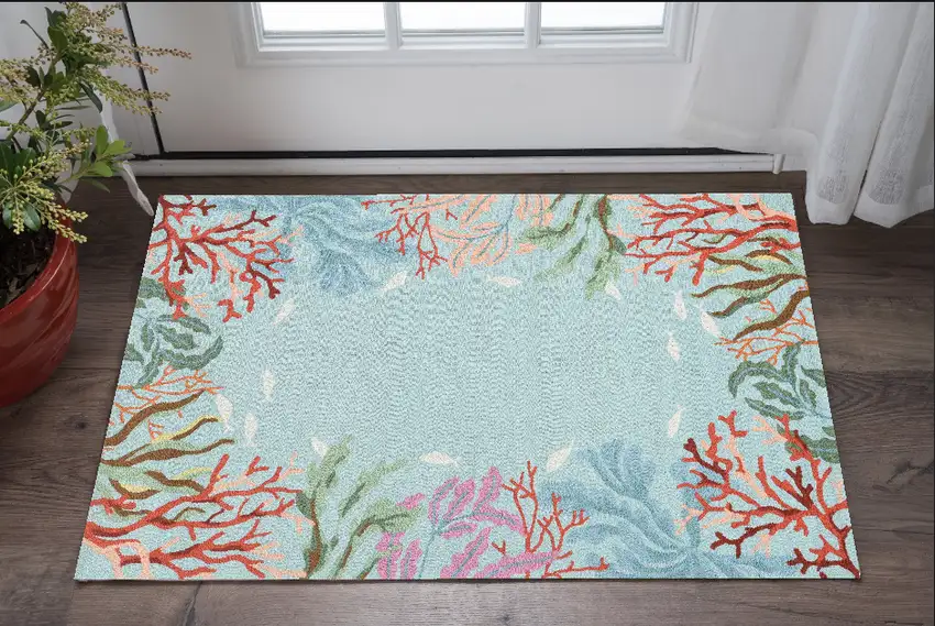 2'X4' Blue Hand Hooked Bordered Coral Reef Indoor Accent Rug Photo 1